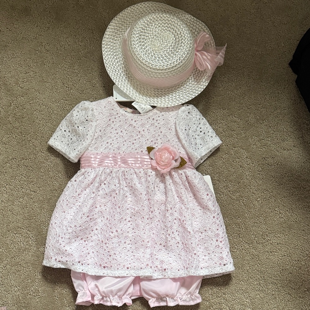 Classic Pink Eyelet Lace Baby Dress with Bloomer and Hat